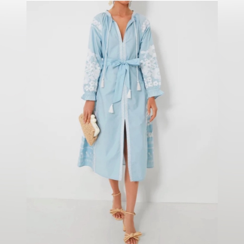 JULIA AMORY Nantucket Blue Coatue Caftan Dress, size XL, NWT - tasseled tie belt